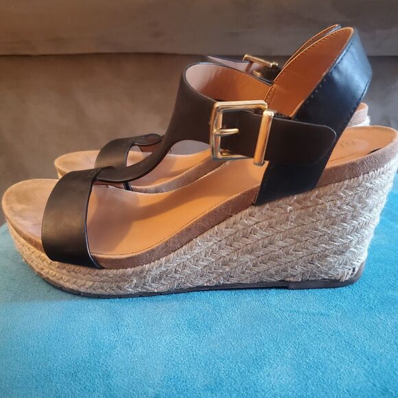 Kenneth Cole Reaction Card Wedge Sandal Womens Size 6.5 Black T-Strap Espadrille - Picture 6 of 11